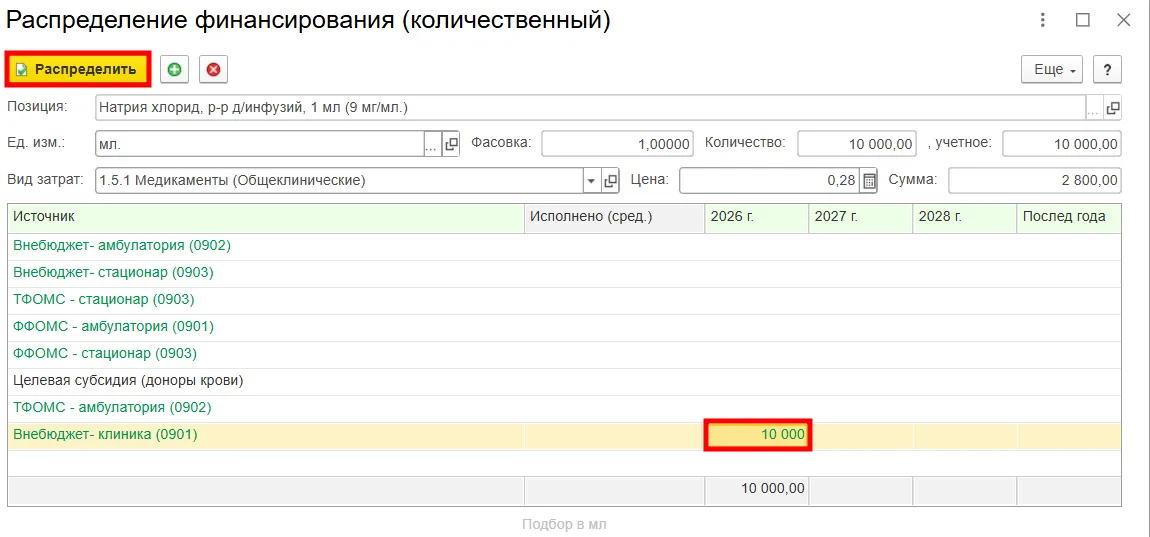 Распределение финансирования по позициям заявки в медицинской ERP-системе МЕДЕРП