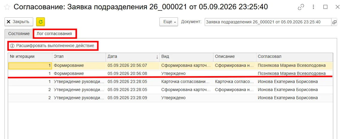 Проверка лога согласования в ERP здравоохранения