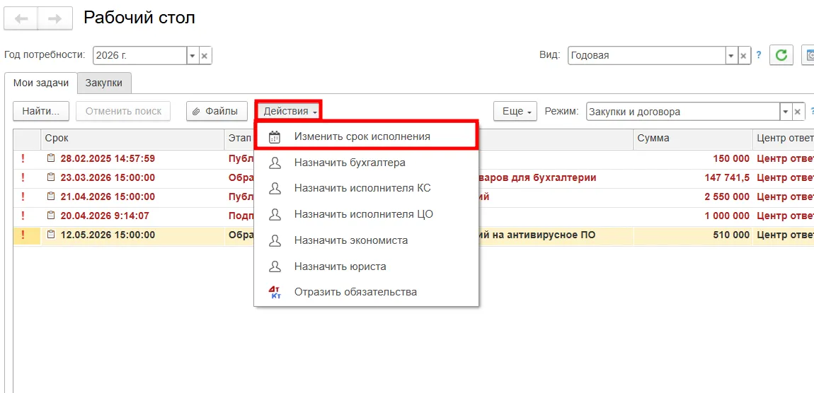 Изменение срока исполнения задачи в ERP системе