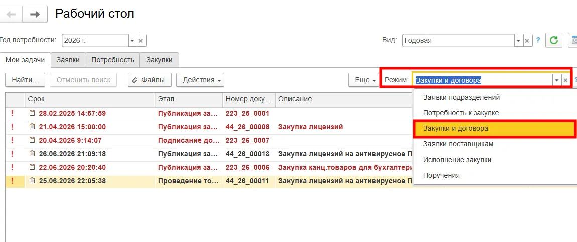 Фильтрация задач по режиму отображения в мед. ERP-системе МЕДЕРП