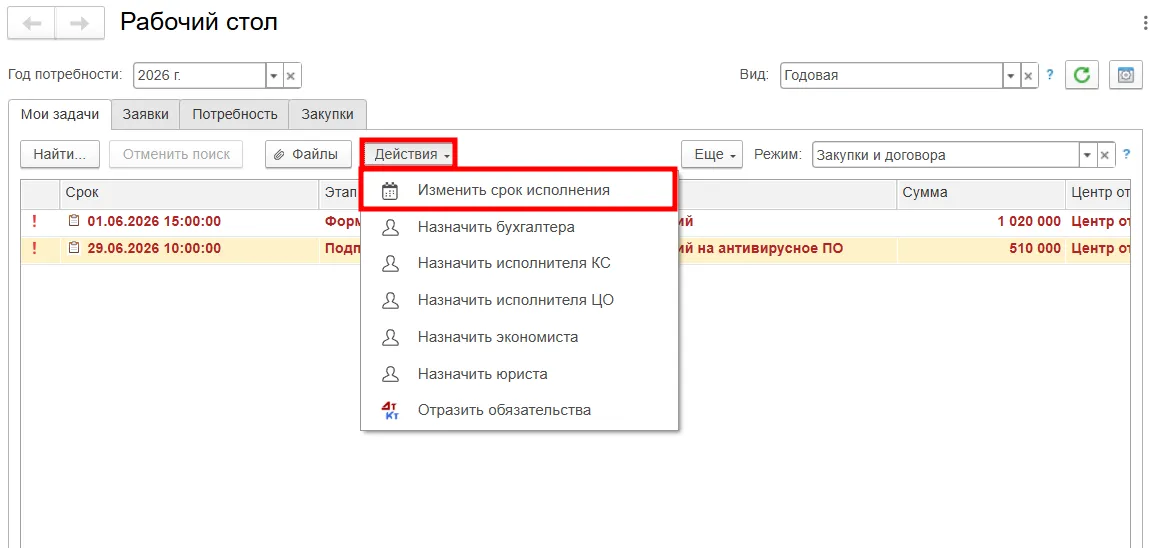 Корректировка срока исполнения задачи медицинской ERP-системе МЕДЕРП