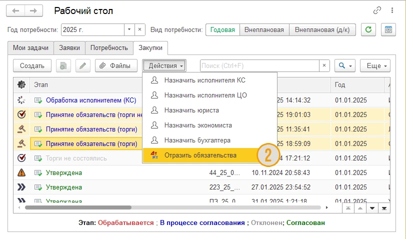 Запуск процесса отражения из раздела закупок